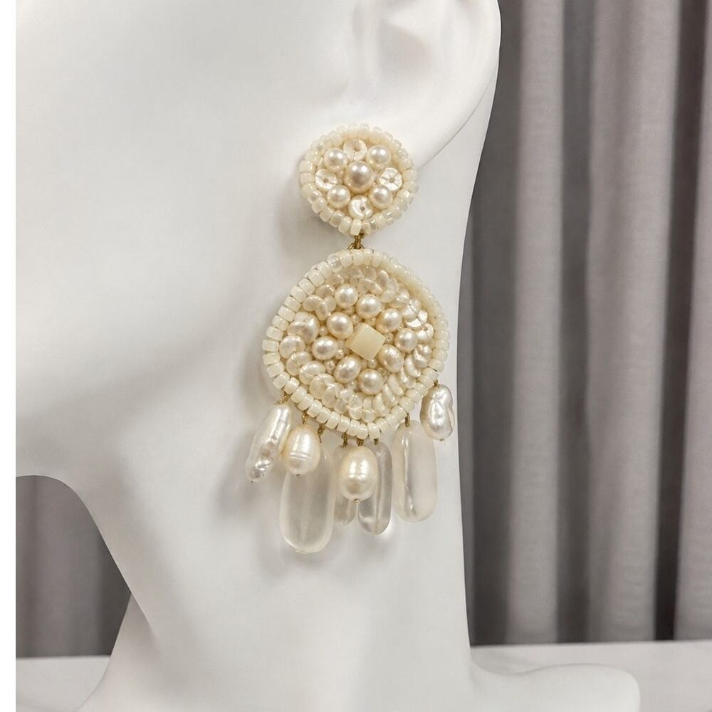Pearl Beaded Statement Drop Earrings Ivory White 3”